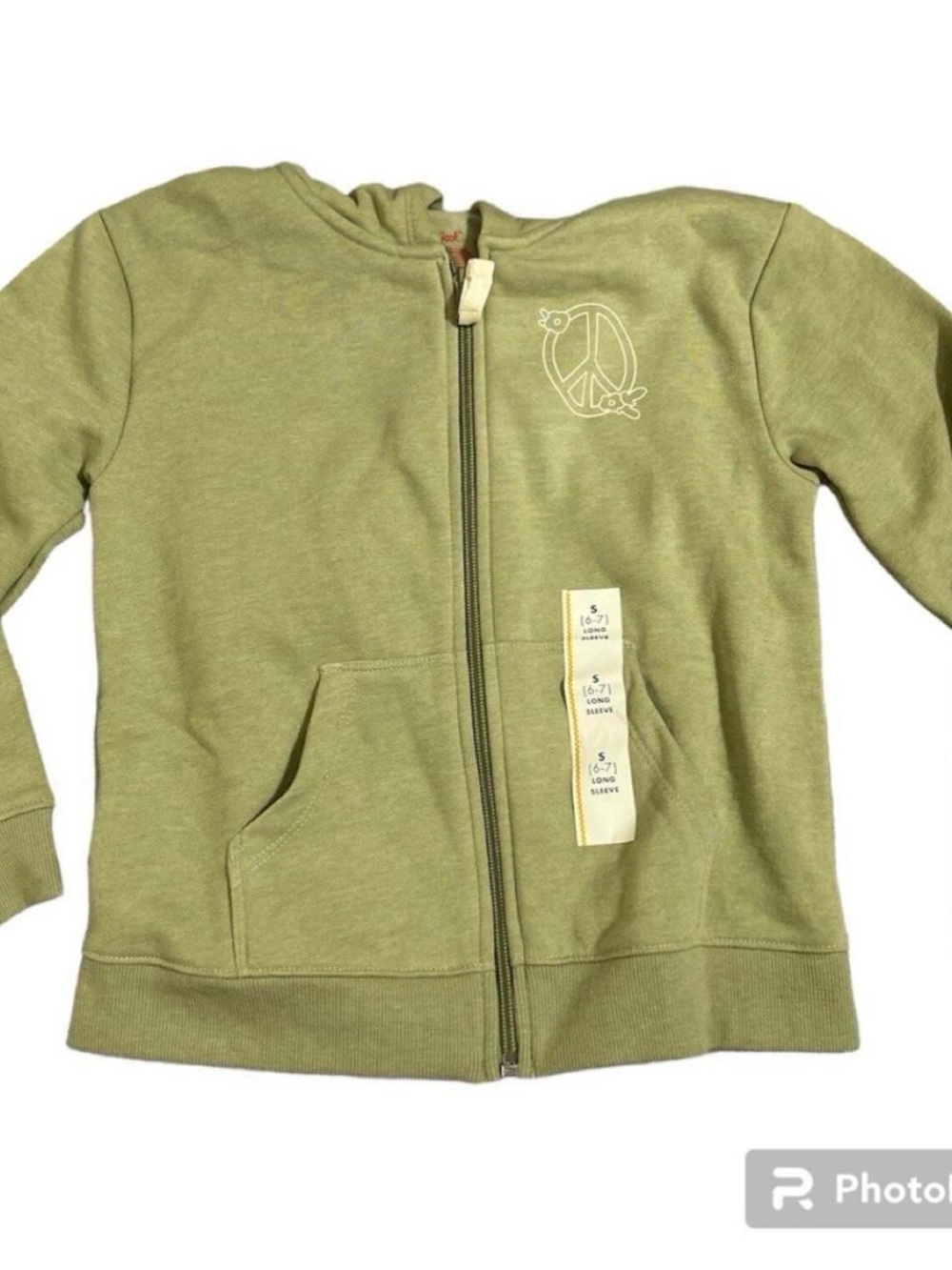 Cat & Jack Girls Olive Sage Green Peace Sign Floral Full-Zip Hoodie Size S (6-7)